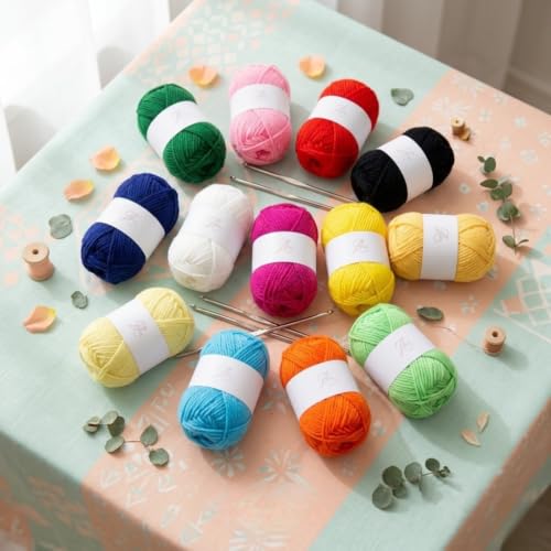 Image of Yarn Kit with Hooks - 12 Multicolour Yarn Wool Oon Balls + 4 Crochet Kroshiya Needles Set for Beginners, DIY Knitting & Craft Kit for Kids & Adults, Soft Wool Yarn Bundle for Crochet Projects