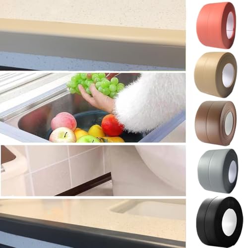 Image of 3 Rolls Self-Adhesive Caulk Tape - Waterproof Peel and Stick Sealing Strip (1.5 inchx10.5 Ft, Brown) for Bathtub, Shower, Sink, Toilet Edge Protector & Kitchen Countertop - No Mess Alternative to Caulking