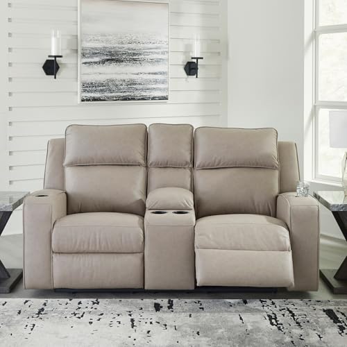 Image of Signature Design by Ashley Faux Leather Reclining Loveseat with Console | Wall hugger loveseat recliner, 4 cup holders, Heavyweight faux leather, Contemporary living room style, Lavenhorne