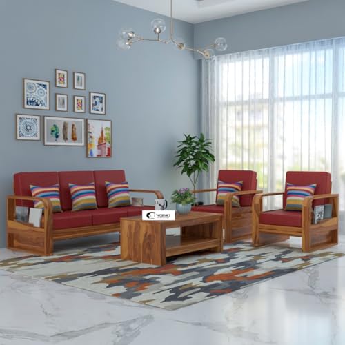 Image of Solid Sheesham Wooden 5 Seater Sofa Set for Living Room | Sofa Set with Side Pocket Storage & Cushion | Rosewood Sofa Set for Home (Honey with Red Cushion, 5 Seater)