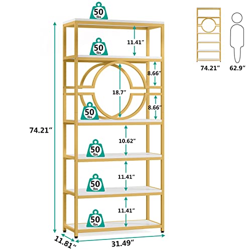 Image of Tribesigns 6-Tier Bookshelf, 74.2 inch Tall Bookcase Metal Book Shelf, Freestanding Storage Shelves Modern Bookshelf for Home Office Living Room Bedroom (White /Gold, 1PC)