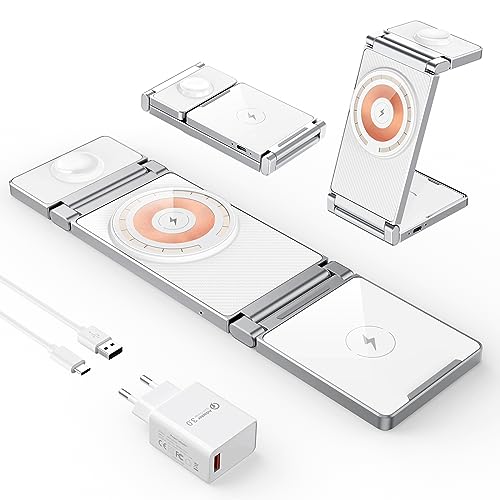 Image of 3 in 1 Foldable Zinc Alloy Wireless Charger[Compatible with Magsafe Charger],Magnetic Charging Station for iPhone 15 /14 /13 /12 Series,for AirPods,iWatch-White