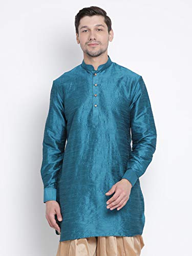 Image of Vastramay Men's Gold Curved Shape Pathani Style Silk Cotton Kurta - Mid-Length with Buttoned Cuff, Soft & Comfortable Ethnic Wear