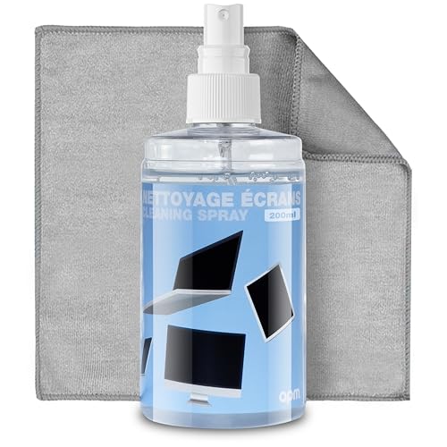 APM Spray Nettoyant Écran TV, PC, Smartphone, Tablette, Texture Gel Sans Alcool, Effet Antistatique, Anti-rayures, Anti-traces, Chiffon Microfibre Inclus, Nettoyage Sécurisé, 200ml, 600105
