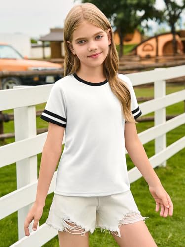 Image of Haloumoning Girls Short Sleeve T Shirts Kids Summer Crewneck Color Block Tops Fashion Tees 5-14 Years