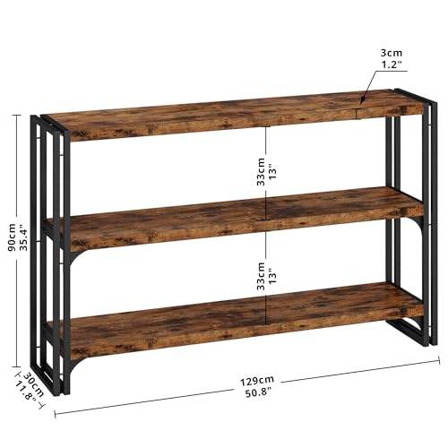 IRONCK Bookshelf Industrial 3 Shelf Bookcase,50.8 inch Wood Storage Shelf with Metal Frame for Living Room, Vintage Brown