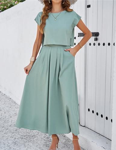 Image of HangNiFang Summer Skirt Sets Women 2 Piece Outfits Cap Sleeve Top Elastic Waist Maxi Dress Sets with Pockets