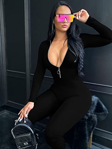 Zilezile Women's Sexy Bodycon Solid Long Sleeve High Waist Zipper Jumpsuit Black #TOP5