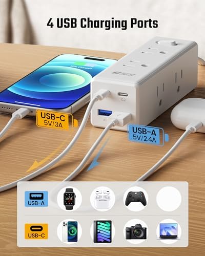 10 Ft Extension Cord, Surge Protector Power Bar with 6 Outlets & 4USB Ports (2 USB 2 C), Mountable Flat Plug Power Strip, Surge Protection for Home, Office, Dorm - 4