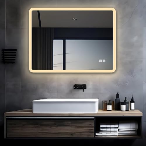 MIQU LED Badspiegel mit Beleuchtung 80x60 cm Badezimmerspiegel, Bad Groß Spiegel mit 2 Touch Dimmbar Warm/Weiß Licht Beschlagfrei… – Ansicht 2