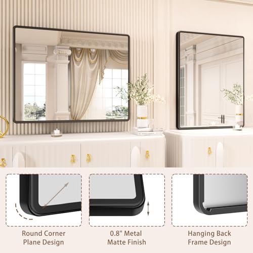 New Upgrade Bathroom Mirror, 40X32 Inch Black Metal Frame Wall Mounted Rounded Rectangle Bathroom Vanity Mirror with Tempered Glass for Washroom Bedroom Living Room