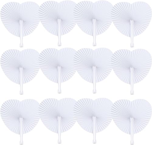 48 Pcs Blank Fans Paper Folding Fans Handheld White Wedding Heart Shaped Paper Fans for Summer Occasions,Wedding Favours,Party,DIY