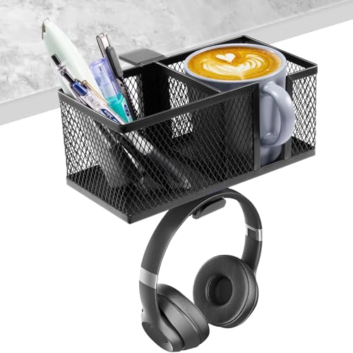 3in1 getränkehalter Tisch Kopfhörer Halter Unter Schreibtisch Headset Halter 360° Drehbarer Headphone Stand & Abnehmbarer Becherhalter Stiftehalter Organizer getränkehalter tisch home office (Schwarz)
