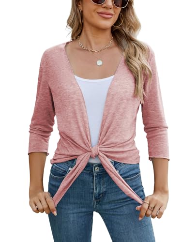 Famulily Women's Summer Comfy Thin Cardigans V Neck Tie-Front Sheer Shrug Loose Cover ups (XL, Pink)