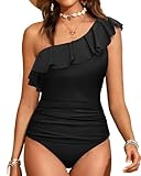 Yonique Women's Two Piece Swimsuits One Shoulder Tankini Tummy Control Bathing Suits Ruffle Swimwear Black L