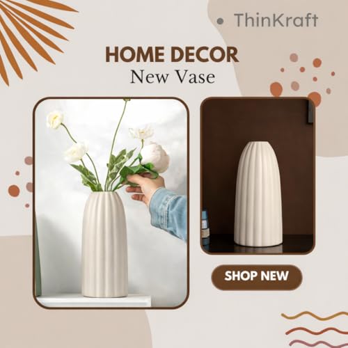 Image of Ceramic Vase for Home Decor, Off White Flower Vase for Living Room, Nordic Decorative Vase for Pampas Grass, Dry Flowers & Table Decor (Fluted Cylinder)
