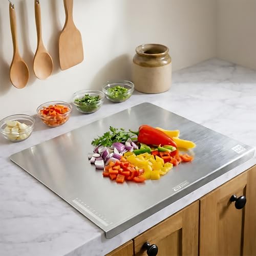 Image of Porslin by Chef Special 14x20 Inch Stainless Steel Kitchen Countertop Chopping Board with Lip, 304 Food Grade Cutting Board, Metal Kneading Board for Atta Roti Dough, Non Slip for Meat Fruits