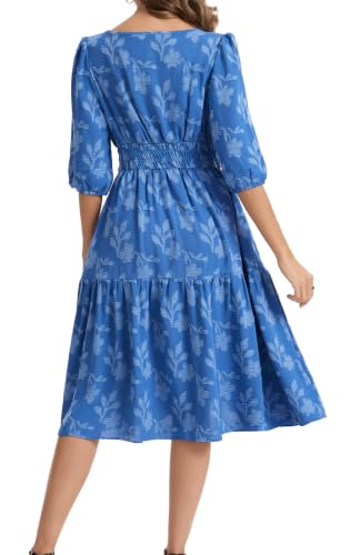 Image of Kormei Women Casual Boho Floral Round Neck 3 /4 Sleeve Smocked Waist Tiered A Line Flowy Swing Midi Dress Long Dresses