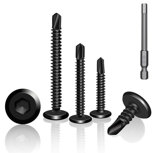 YFLeomry 60 Vis Auto-Taraudeuses en Acier Inoxydable 410, 5,5 x 16 mm, Tête Plate avec Empreinte Hexagonale, Noires vis autoforeuse Incluant Embout de...