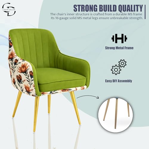 Image of Velvet Accent Chair | Luxury Upholstered Armchair with Sturdy Metal Legs | Modern Comfortable Chair for Living Room, Bedroom, Office, or Cafe (Golden Legs, Parrot Green Floral)