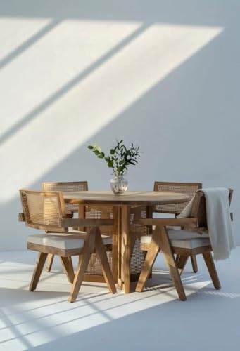 Image of Round Mango Wood Dining Table 4 Seater for Dinning Room, Living Room & Home Decor, Natural Colour, (120D x 120W x 76H Centimeters) (Only Dining)