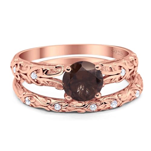 OMRANII Two Piece Round Natural Chocolate Smoky Quartz Filigree Vintage Style CZ Wedding Set Bridal Engagement Ring 925 Sterling Silver Gifts For Her