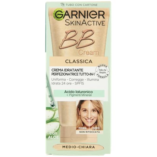 Garnier BB Cream Classic SkinActive, para piel uniforme e hidratada, aspecto natural, enriquecido con ácido hialurónico, aloe vera y pigmentos minerales, SPF 15, tono: medio-claro