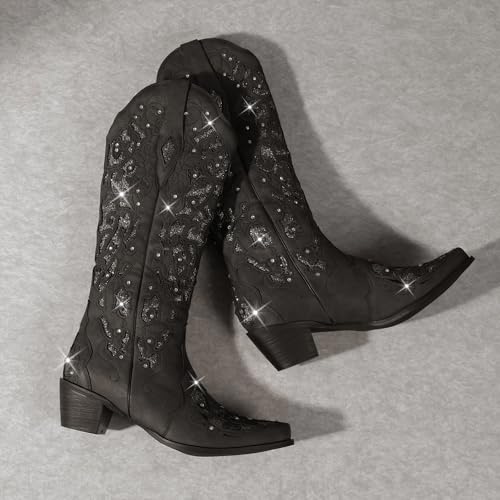 Western Cowboy Boots with Comfortable Calf Black Cowgirl Boot Women Sparkly Rhinestone Wedding Boots Trendy Vintage Tall Glitter Boot with Embroidery and Chunky Heel for Daily Wearing|Office|Party4