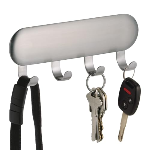iDesign Ganchos adhesivos de pared, colgador adhesivo pequeño de acero, llavero de pared con 4 ganchos para llaves, bufandas, paños y otros accesorios, plateado mate