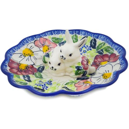 Authentic Polish Pottery Egg Plate in Maroon Blossoms Design Handmade in Boles?awiec Poland by Ceramika Nina + Certificate of Authenticity