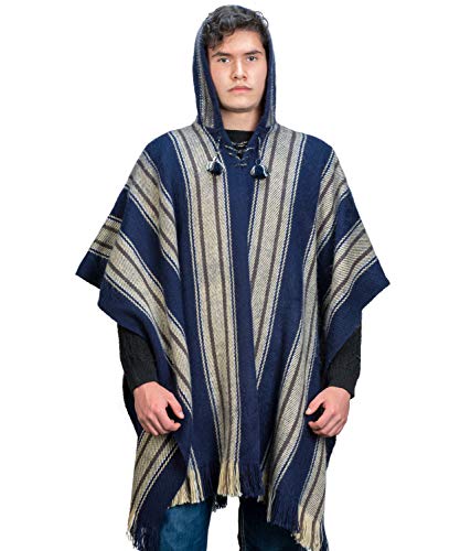 Image of Men's Cape Poncho in Navy Blue and Beige Wool - Alpaca Hooded Peruvian Poncho - Fashion Cloak Cape - Artisan Crafted