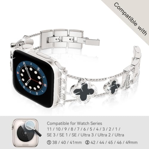 Image of Musk-MSKR Diamond Metal Bands Add Sparkle to Your Watch For Apple Watch Series 11 /10 /9 /8 /7 /6 /5 /4 /3 /2 /SE /Ultra Clover Simple and Stylish Compatible with 38mm40mm41mm42mm44mm45mm 46mm49mm Women's Wear