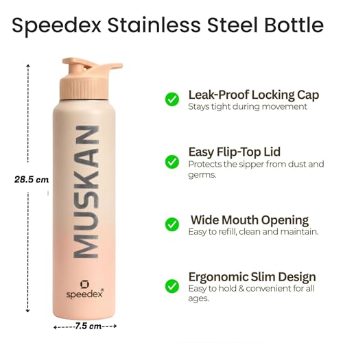 Image of Speedex Customised Stainless Steel Water Bottle 1 Ltr with Name - Personalised Engraved Sipper Cap Bottle for Kids, Men & Women, School, Gym, Office Peach Orange, Set of 1