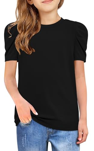 storeofbaby Girls Puff Short Sleeve Shirts Round Neck Tunic Tops Casual Solid Blouses 5-14 Years2