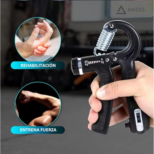 Andes. Hand Grip, Ejercitador de Manos, Fortalecedores de Mano, Ajustable de 5-60kg con Agarre Antideslizante y Función de Conteo, Gym en Casa. (Incluye Pelota Anti Estrés de Regalo) - Imagen 5