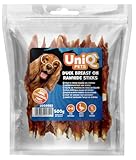 UniQ Pets Hundeleckerli Ente auf Kaustange 500 g – fettarme weiche Hundesnacks für große Hunde – glutenefrei – Entenbrust Streifen – Trockenfleisch für Hunde