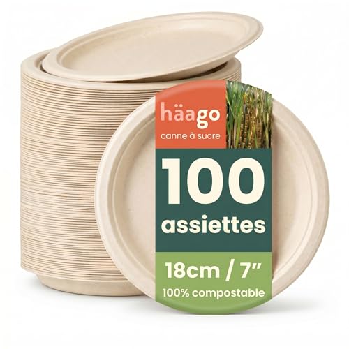 HAAGO 100 Assiettes Dessert Jetables Solides & Compostables 18cm / 7