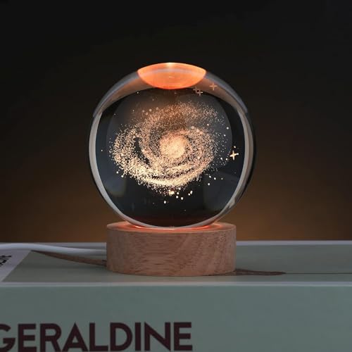 Image of Galaxy 3D Crystal Ball Lamp Creative Wooden Engraved Universe Night Light USB Table LED for Home Office Decoration Birthday Gift Adults Warm White