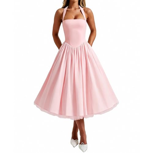 Image of Women Summer Halter Dress Low Cut Sleeveless A Line Tulle Swing Flowy Tea Length Dress Corset Prom Formal Ball Gowns