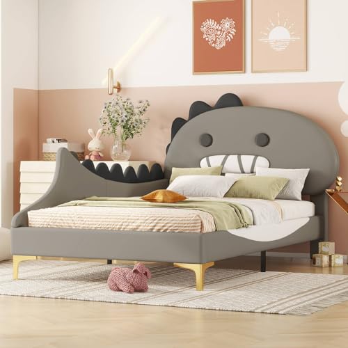 KOMHTOM Lit d'enfant Rembourré Forme de Dinosaure de Dessin animé avec Tête de Lit, Cadre et Sommier à Lattes en Bois (sans Matelas) (Gris, 90x200cm)