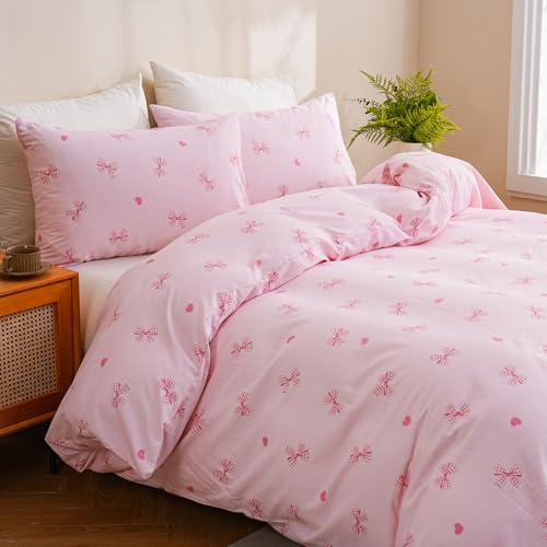 Bow Duvet Cover Set Queen Pink Kawaii Cotton Bedding 3 Pcs Princess Teen Girl Room Decor Cute Girly Comforter Cover
