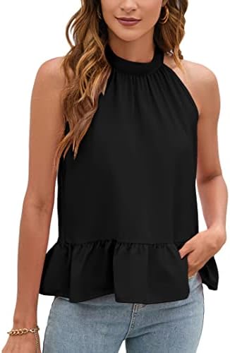 ClearFlower Womens Halter Tank Tops Ruffle Hem Summer High Neck Pleated Sleeveless Cami Shirts Tops B-04-Black XL