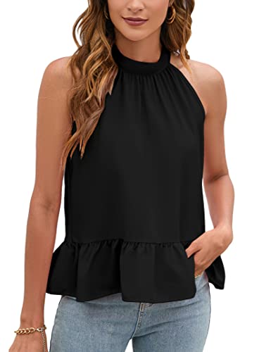 Clearflower Womens Halter Tank Tops Ruffle Hem Summer High Neck Pleated Sleeveless Cami Shirts Tops B-04-Black Xl #TOP1