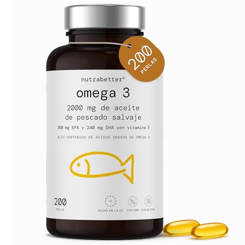 Omega 3 capsulas 2000mg | 200 Perlas | 600mg de Omega-3 puro + Vitamina E | Calidad Testada | Ácidos Grasos Omega 3 para Salud del Corazón, Cerebral y de la Presión Sanguínea | nutrabetter®