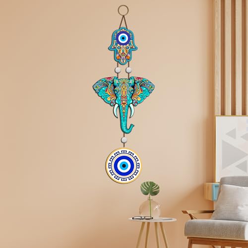 Image of GENXTRA Luxury Designer Elephant Ganesha Evil Eye Wooden Wall Hanging for Luck & Prosperity | Home Decoration | Living Room | Spiritual Decor Items | Ethnic Wall Art | Nazar Protection Hanging
