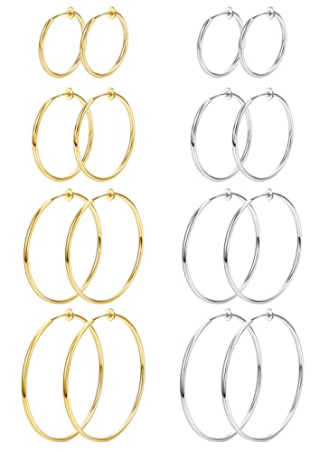 Magitaco 8 Pairs Clip On Hoop Earrings Stainless Steel Clip On Earrings for Women Fake Hoop Earring Spring Hoop Earring For Non-Pierced Ears