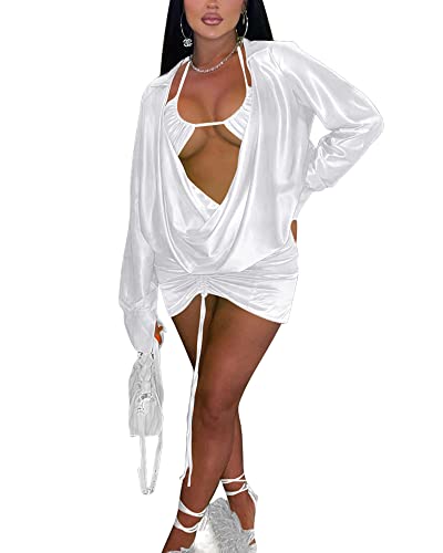Image of Women's Sexy Long Sleeve Two 2 Pieces Outfits Sheer Mesh Mini Dress Skirt Set Top V Neck Backless Ruched Bodycon Cover Up