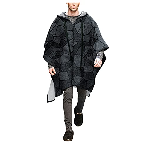 Caxndycing Poncho da uomo a quadretti alla moda cappotto autunno inverno urbano e classico poncho con cappuccio scollo a V maglione caldo poncho comodo abbigliamento da casa stampato, Nero , XL