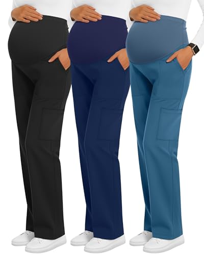 Sweetyweee 3 Pack Womens Maternity Scrub Pants 6 Pockets Cargo Pants Stretchy Comfy Workwear Straight Leg Pregnancy Pants(Black Navy Blue Blue Green XX-Large)