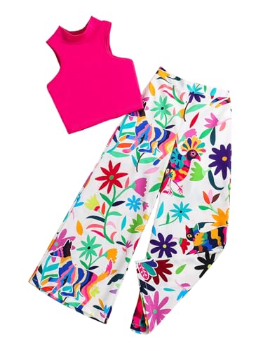 Image of GORGLITTER Girl's 2 Piece Outfit Mock Neck Tank Crop Top and Graphic Colorful Print Wide Leg Pants Set Pink 8Y